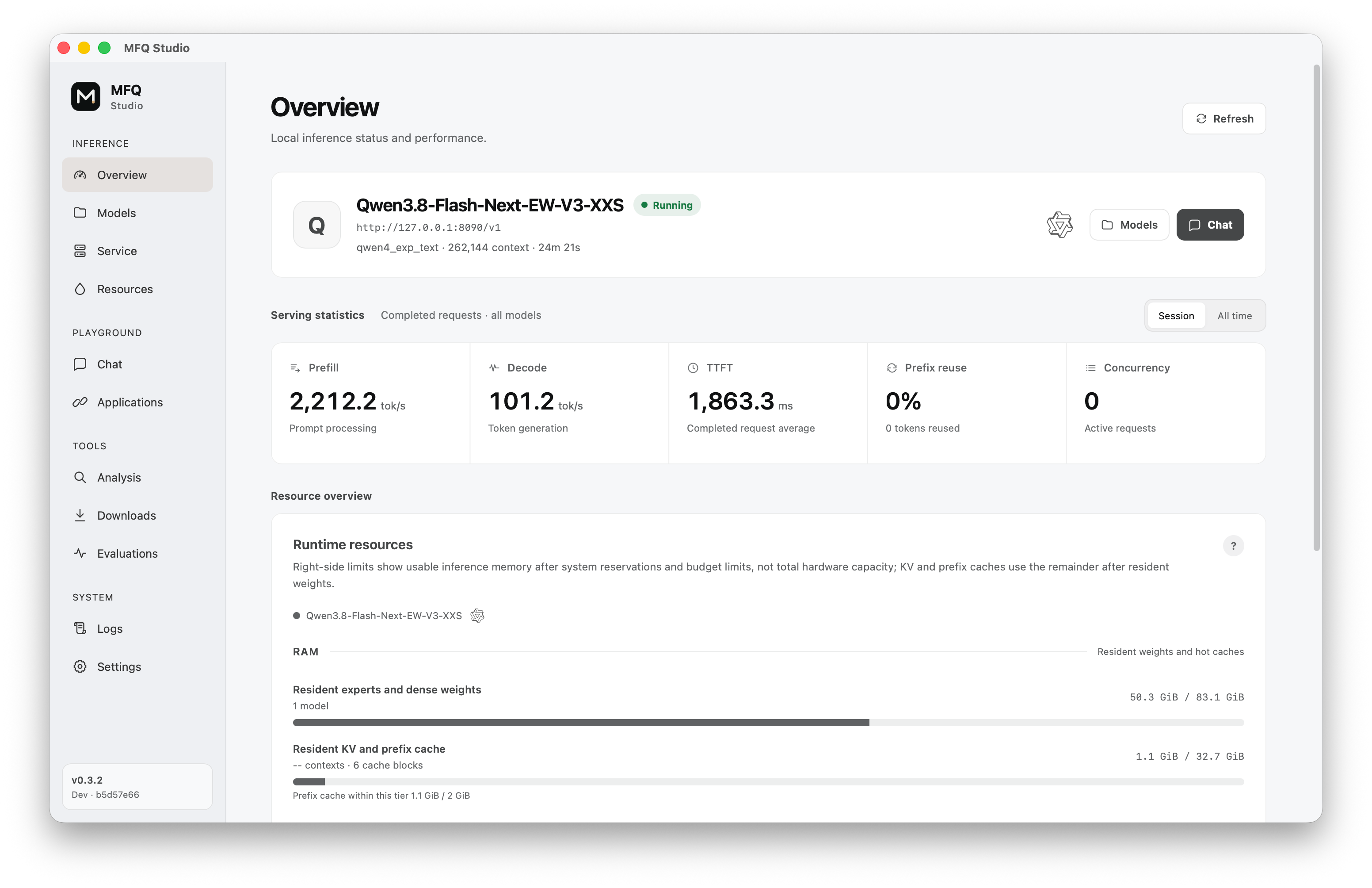 MFQ Studio: local model serving, live performance and resource overview